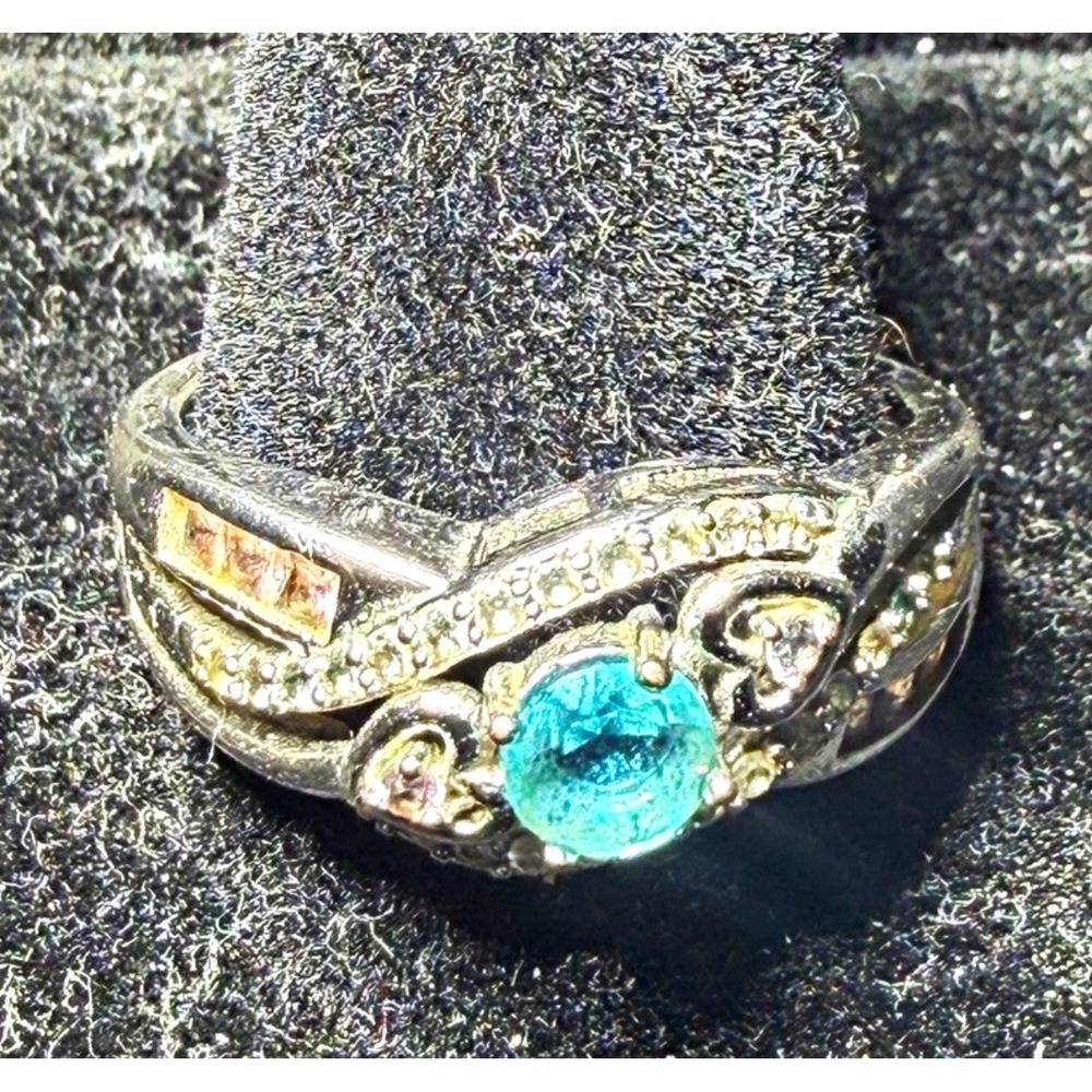925 Sterling Silver Blue Topaz Pink Baguette Multi Strand Bypass Ring Size 9.5